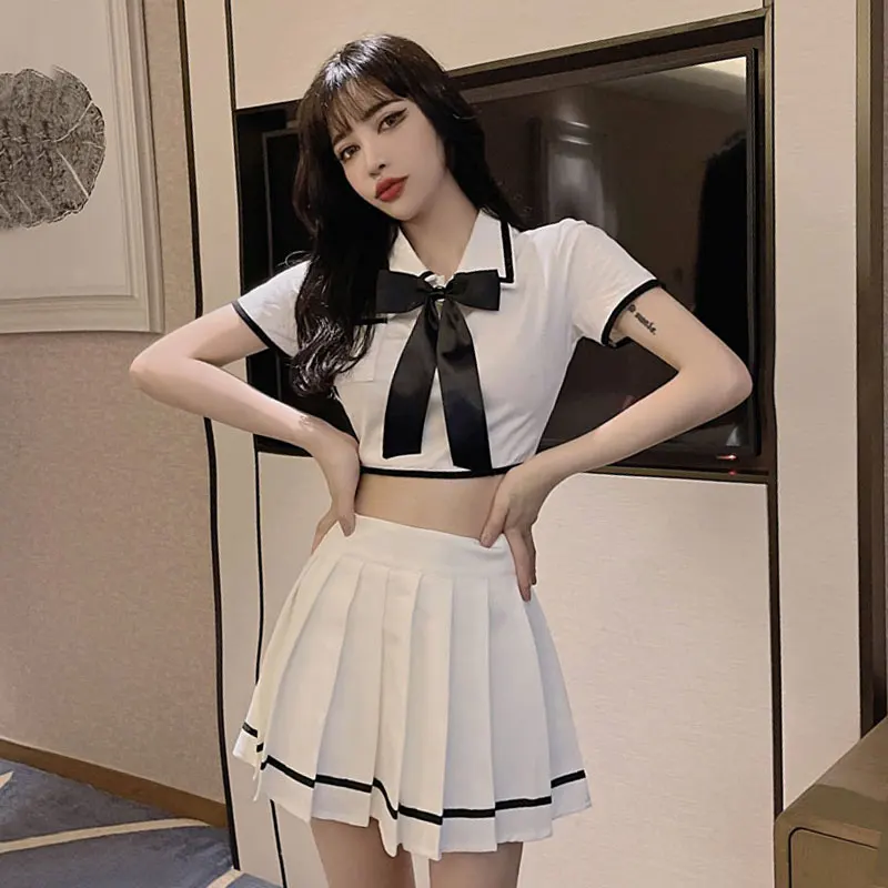 Jk Uniform Set Women Preppy Bow with Tie Short sleeve Top + High Waist Pleated Short Skirt Two-piece Set