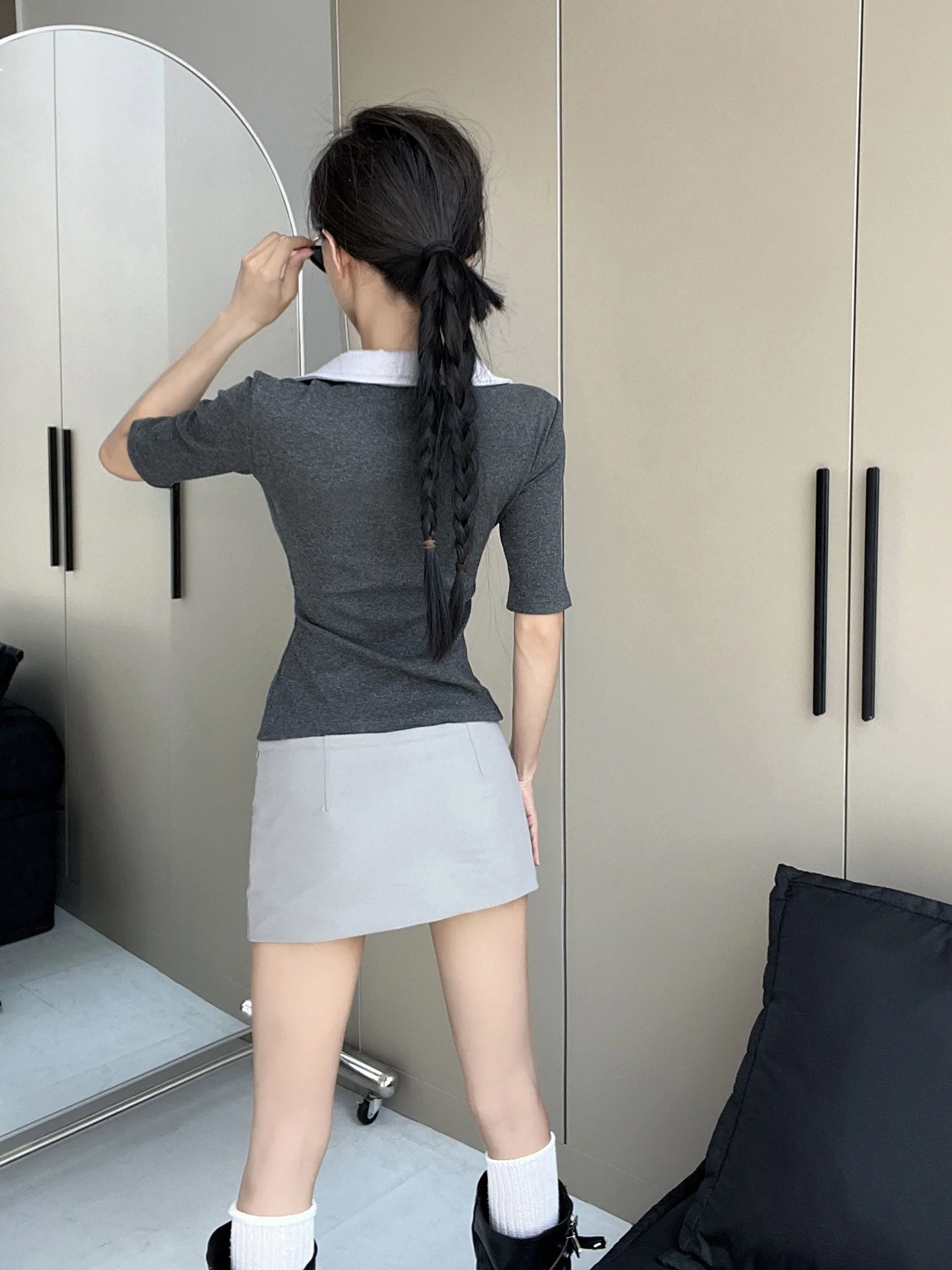 MianCun Lace Splice  Neck Waist-Cut Short Sleeve T-Shirt Commute Style Summer High Intelligence Siren Top Women's Fashion