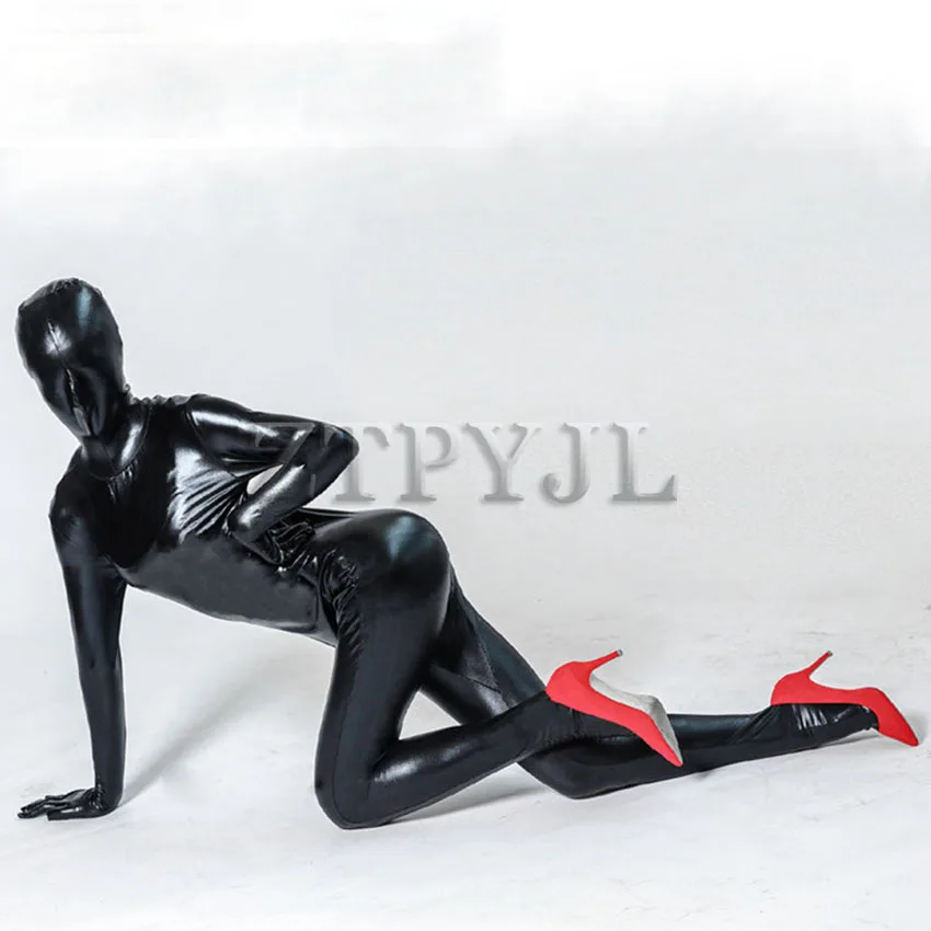 Full Cover Rubber Catsuit Jumpsuit With Hood And Toes Tow Way Zip Bodysuit Custom Halloween Plus Size S-2XL Black Color