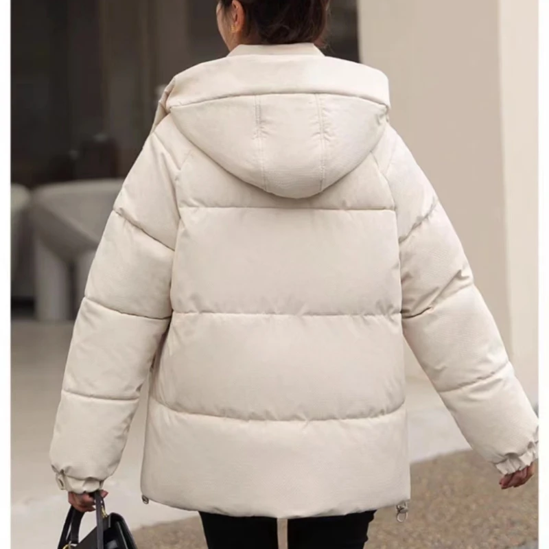 Chic Cotton-padded Coat Warm Winter Women\'s Clothing Short Puffer Jacket Hooded Parkas Pocket Long Sleeve Solid Zipper Jacket