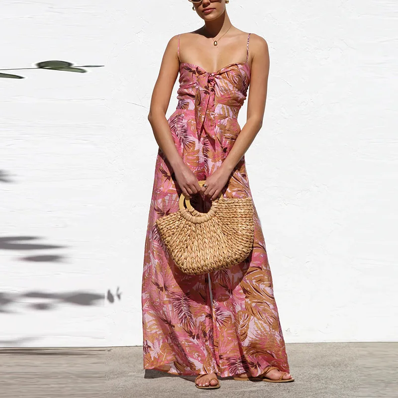 

Summer New Printed Lace Up Bohemian Jumpsuits Beach Vacation Suspender Wide Leg Rompers Casual High Waisted Low Cut Playsuits