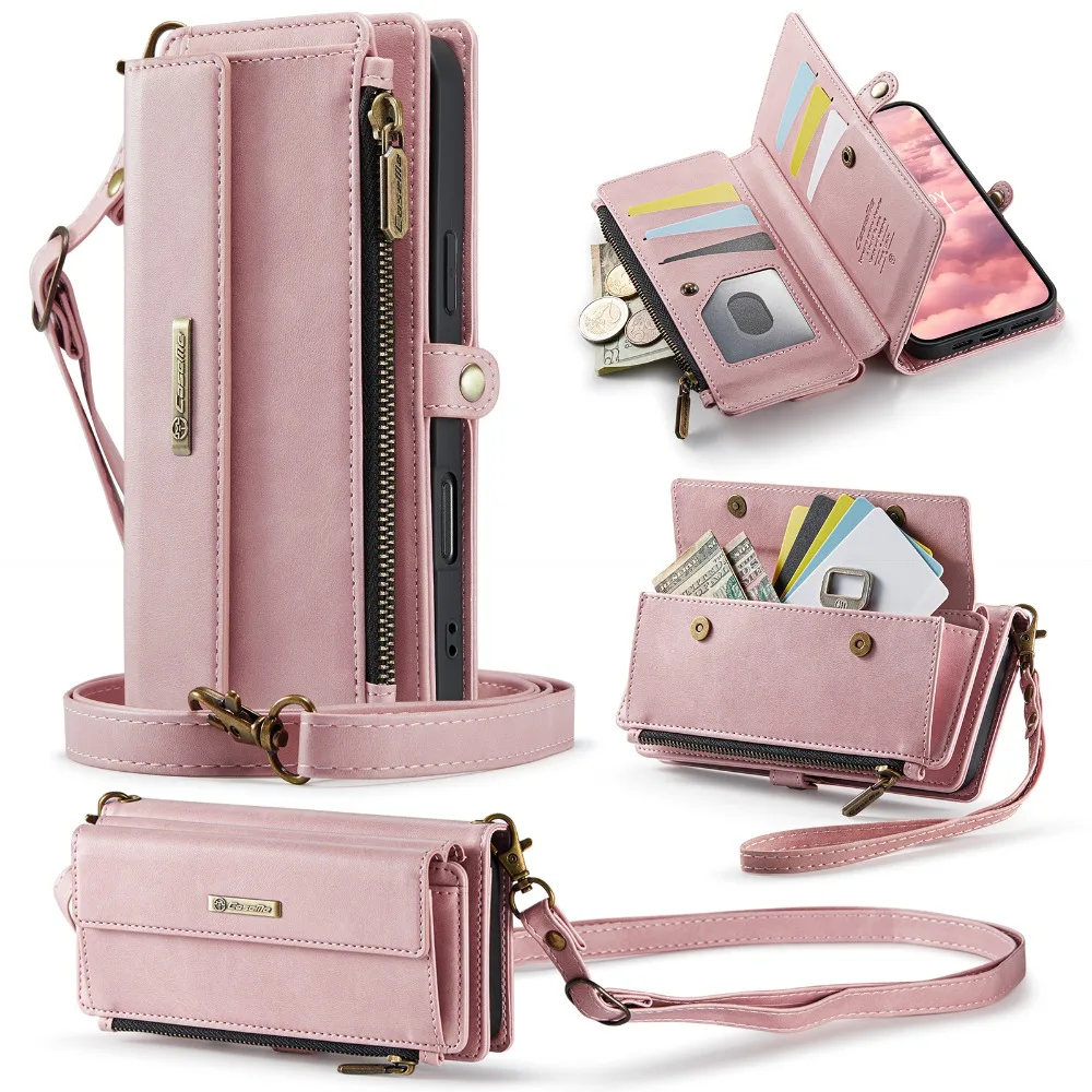 

Кожаный чехол-кошелек на молнии с 9 картами для iPhone 16 Pro Max 5G Flip Cover Book Funda iPhone 16e 16 Plus RFID Coque