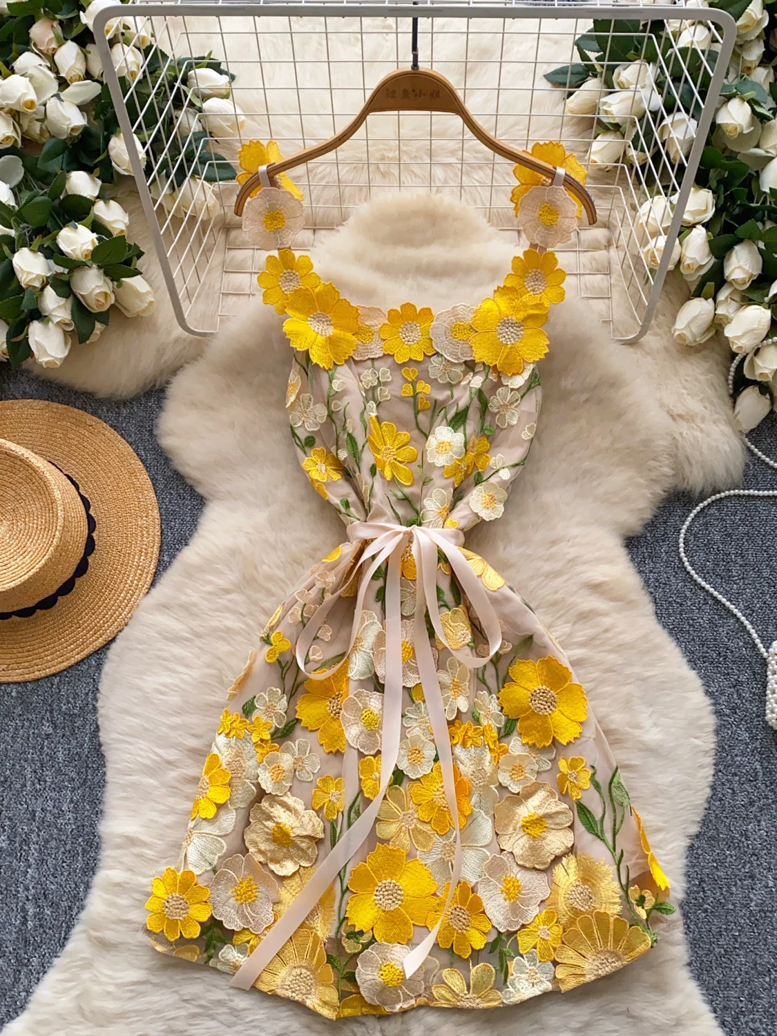 Ele Embroidered Floral A-Line Dr Women's Summer High Waist ort Skirt Luxury Faion Commute Sle Korean Version