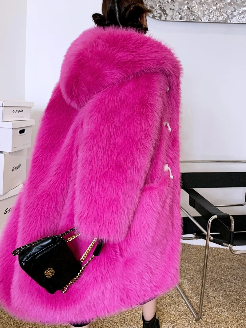 Casaco com capuz de pele sintética feminino, lã artificial, casaco longo, ecológico, rosa vermelha, moda feminina, promoção, inverno