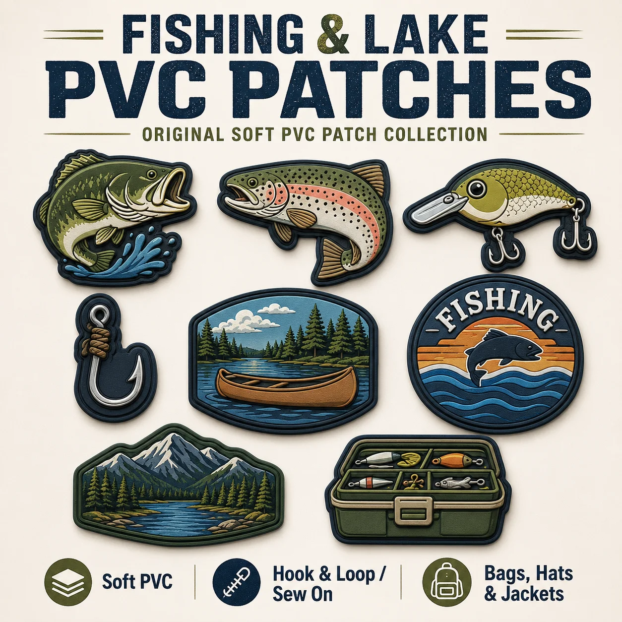Custom Fishing PVC Patches Bass Trout Lure Hook Lake Canoe Soft Rubber Hook and Loop for Backpacks Jackets Hats Outdoor Gear