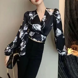 Women French Style Floral Print Lace-up Blouse Office Lady Elegant Luxury Chic Commute Shirt V Neck Long Sleeve Slim Tops Blusas