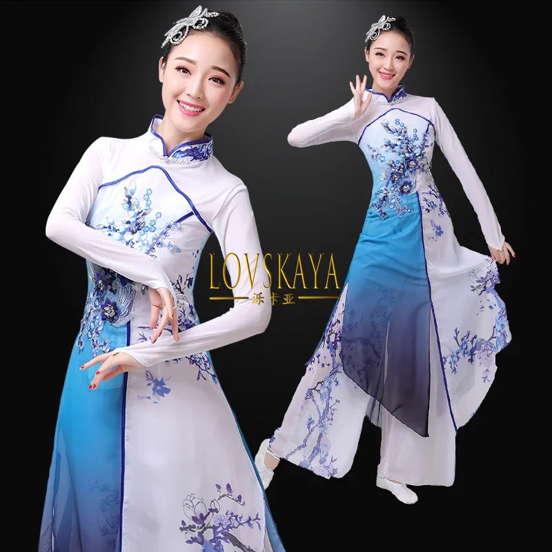 Classical performance costume  blue and white porcelain Chinese fan kite dance ink painting dance solo dance set