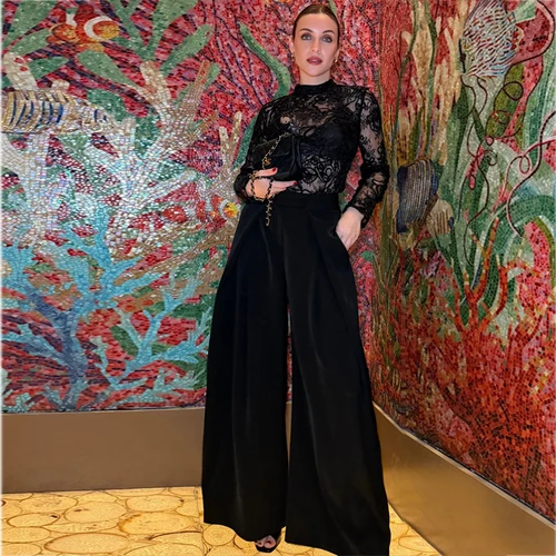 Imagen 2 del producto Pantalones Anchos Negros para Mujer, Pantalones Plisados de Pierna Ancha para Mujer, Pantalones Casuales a Rayas para Mujer, Pantalones de Cintura Alta para Primavera