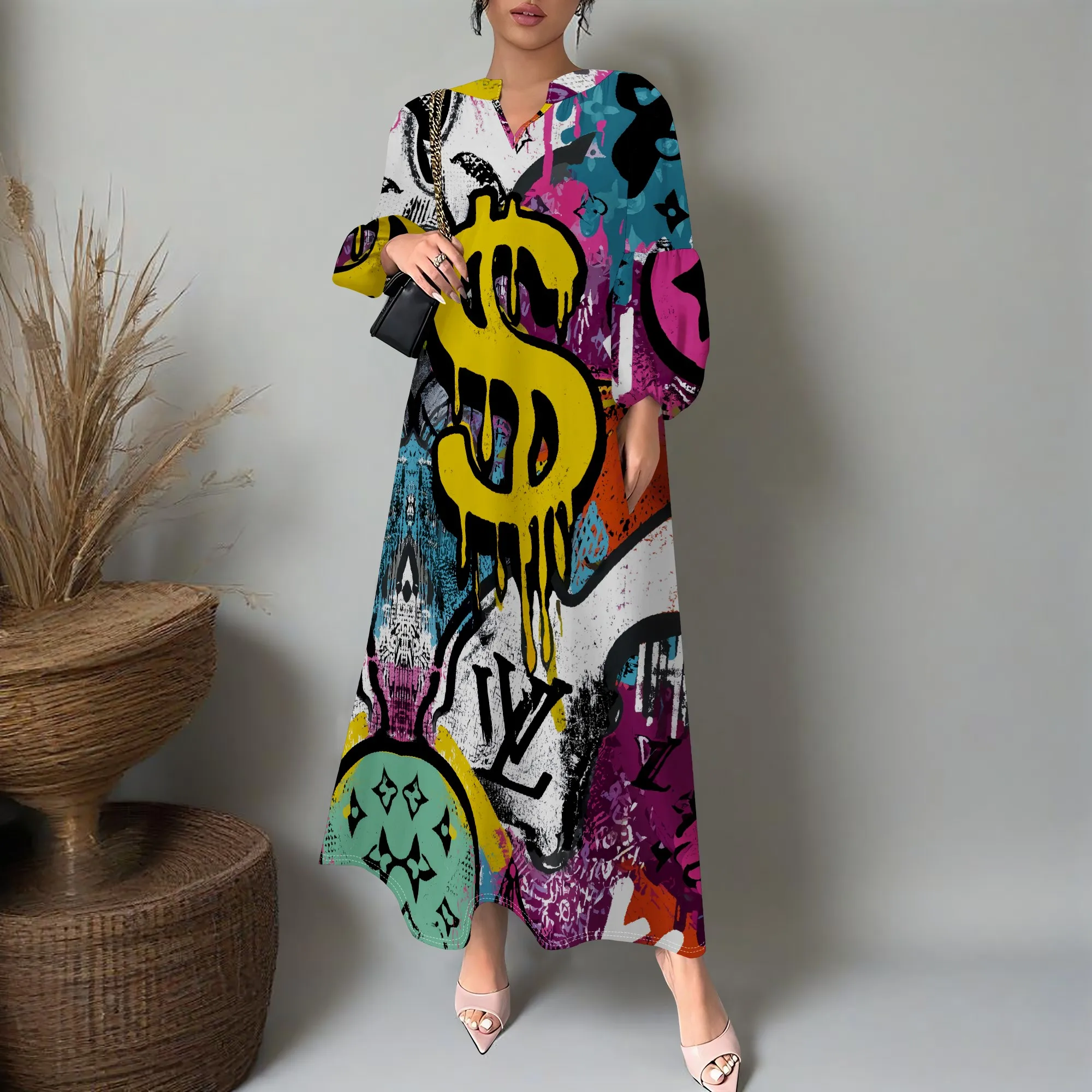 

Graffiti Dollar Print Maxi Dress XS‑3XL Long Sleeve Loose Fit Shirt Style for Streetwear, Art Show or Hip-Hop Festival Look