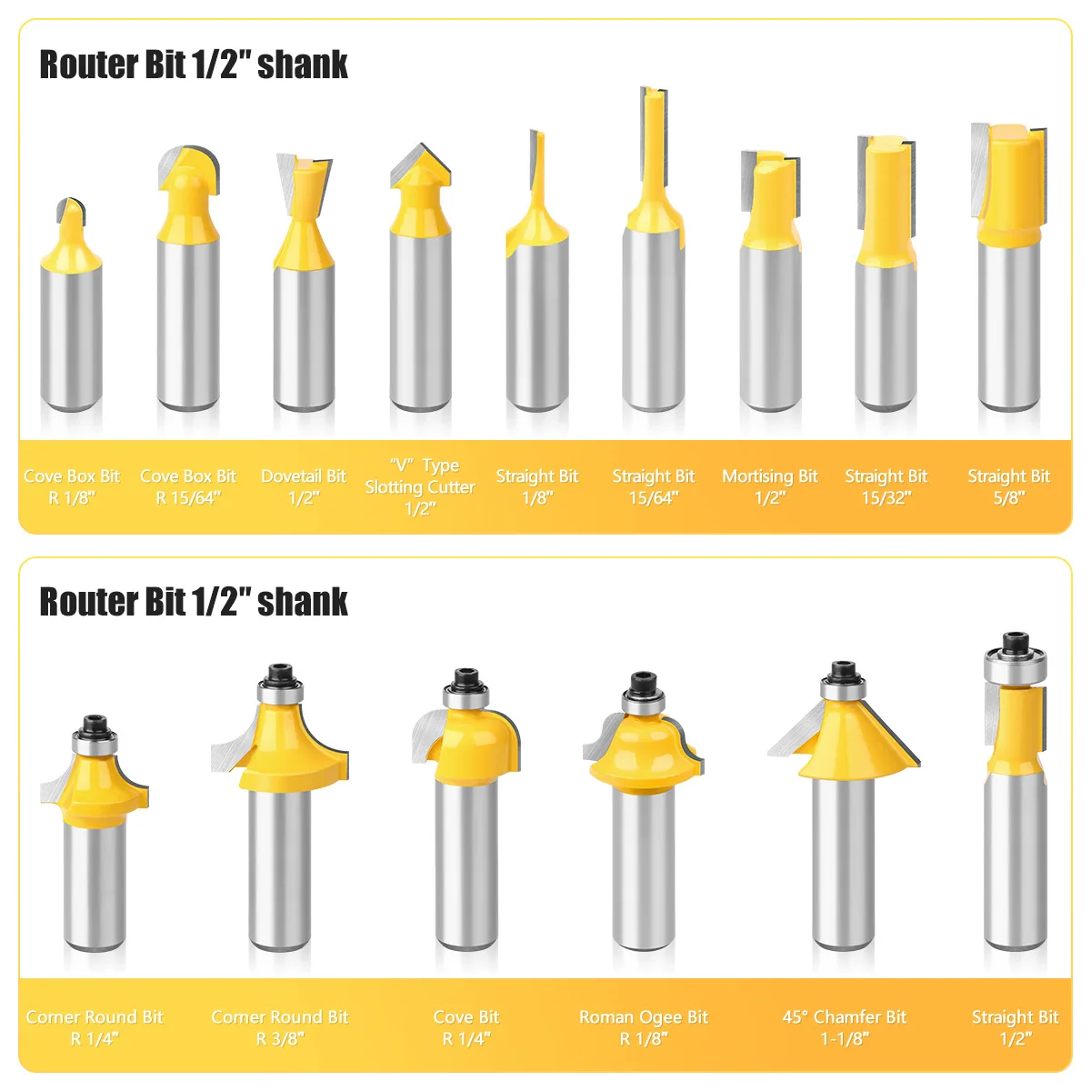 

15pcs 6mm 8mm 1/4in 1/2in Shank Router Bit Set Trimming Straight Beading Milling Cutter Carbide Cutting Woodworking Tools