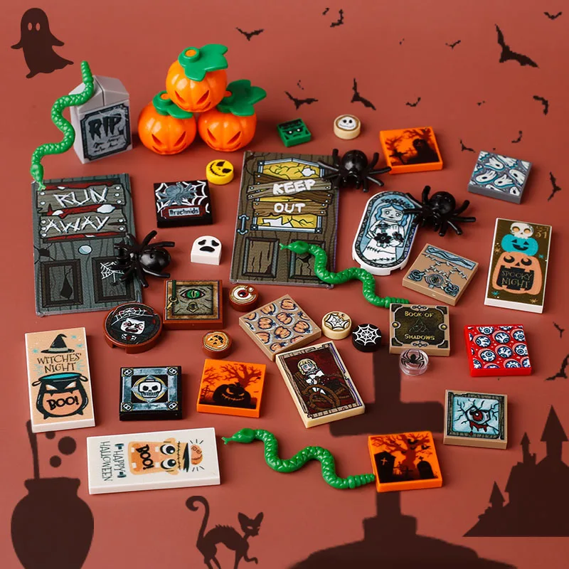 

MOC Cemetery Hallow Tombstone Vampire Web Printed Building Blocks Ghost Pumpkin Christmas Gingerbread Santa Claus Bricks Toys