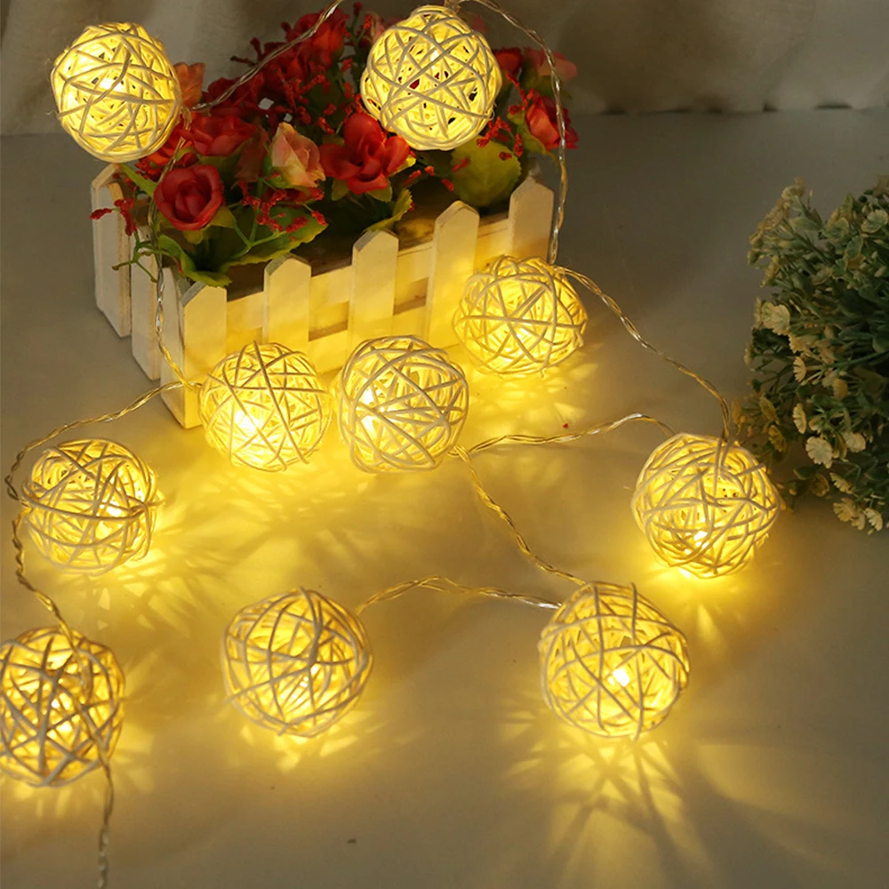 10/20/40leds Rattan Balls String Lights Battery Operated Cotton Ball Garland Light for Wedding Christmas Party Patio Decoration