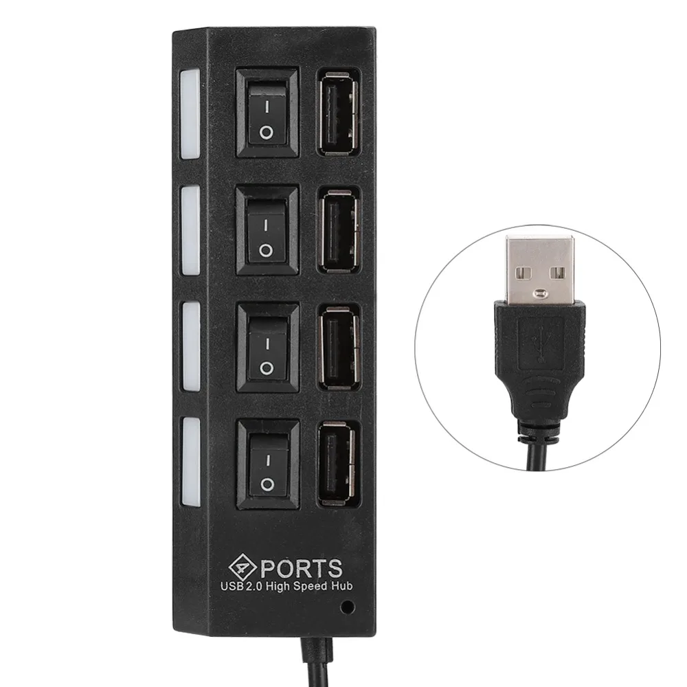 Black 4 Ports USB2.0 Hub Plug and Play High Speed USB2.0 Splitter LED Indicators Multiport Adapter HDD Connection