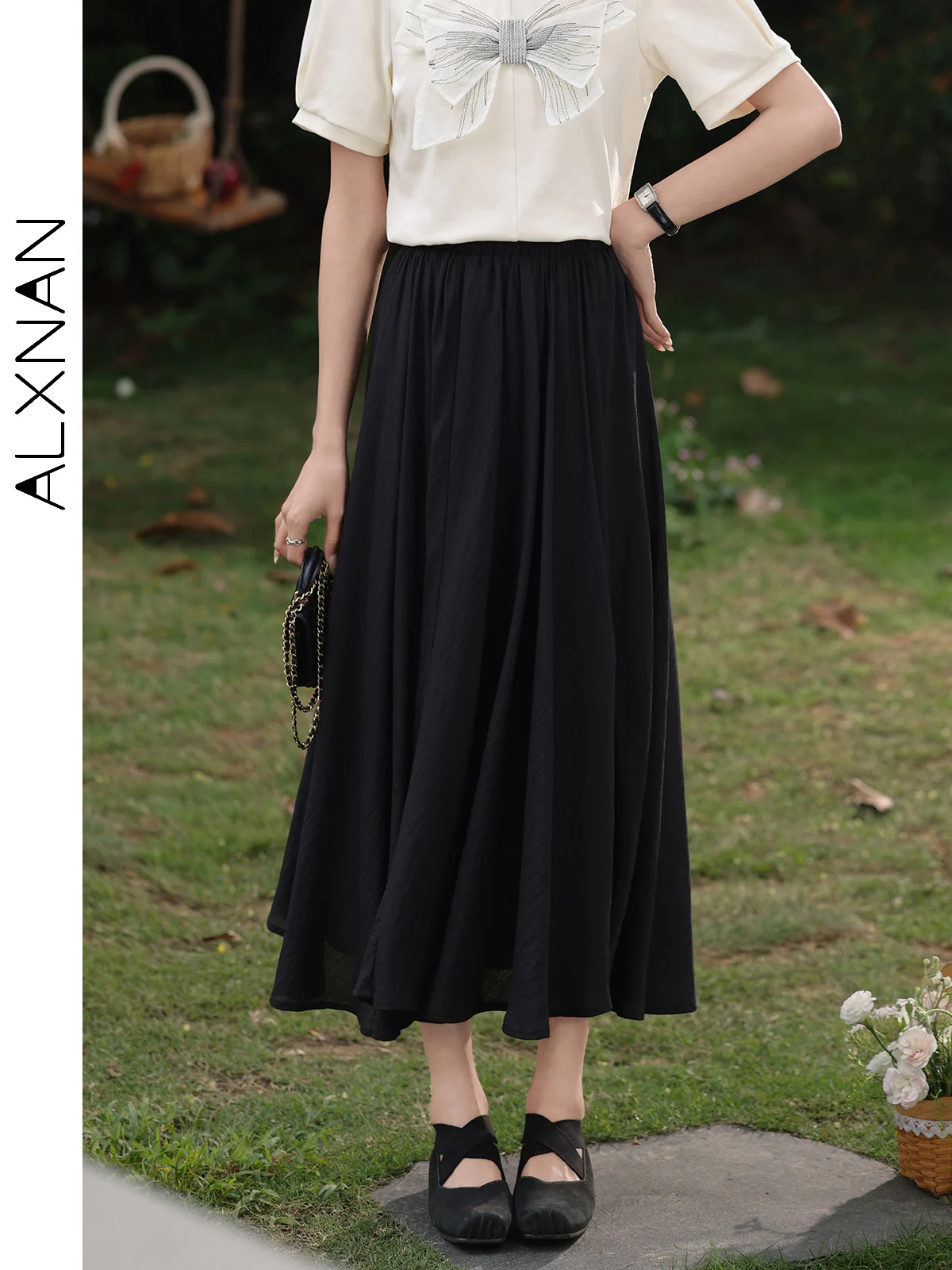 ALXNAN Black Pleated Skirts for Women 2024 Summer New A-line Midi Casual Solid Versatile Temperament Skirt Office Lady L36223