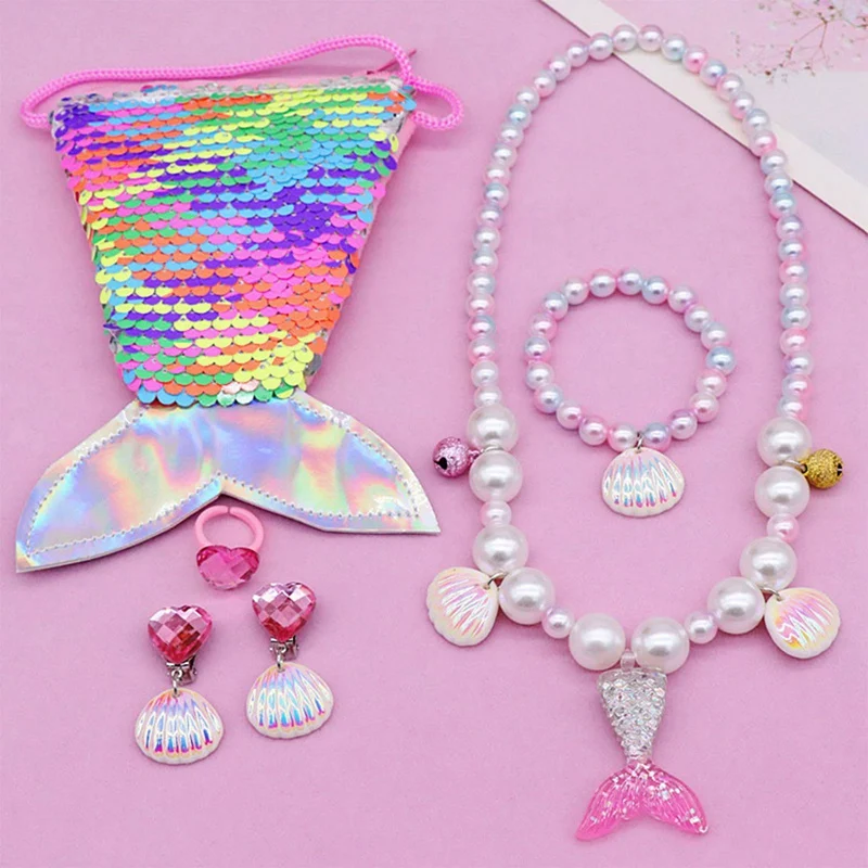 1set Kids Girls Child Pearl Acrylic Shell Shape Mermaid Necklace Bracelet Ring Ear Studs Clips Jewelry Set with Shoulder Bag