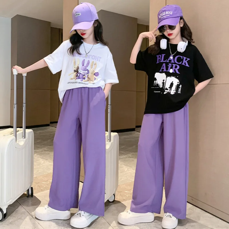 Teenage Girls Cartoon Rabbit Clothes Set Summer Children Girl Tshirts and Pants 2 Pieces Suit Kid Top Bottom Outfits Tracksuits