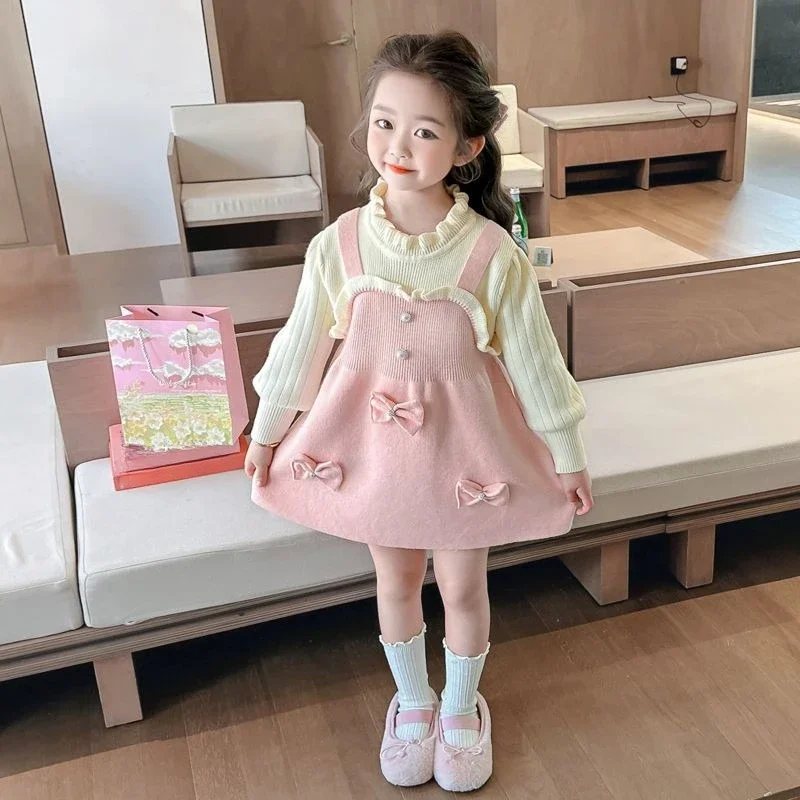 2026 Girls Knitted Dress Korean Style Princess Baby Sweater Dress Spring Autumn Toddler Knit Dress