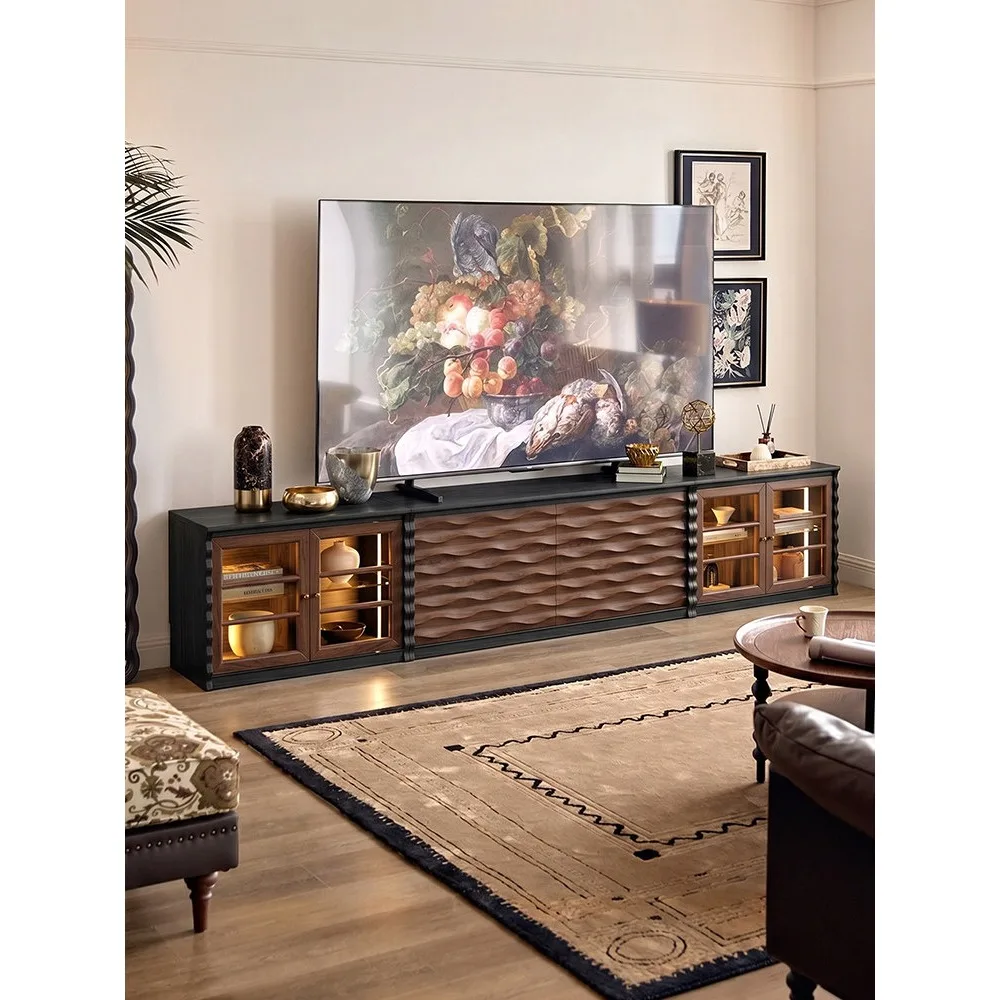 Luxury Mid-Century Modern TV Stand Solid Wood Vintage Media Console with Glass Doors French Retro Living Room Storage Cabinet