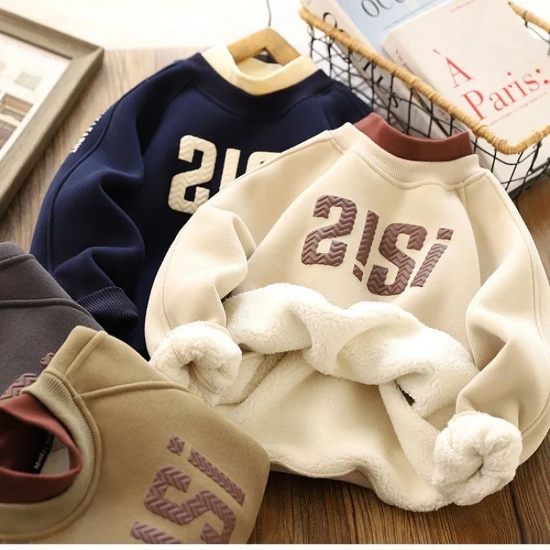 2025New Autumn winter Boys girls Fleece Thickened Sweater Cartoon Printed Letters Children's Leisure Fake 2 Piece Warm Top 3-14Y