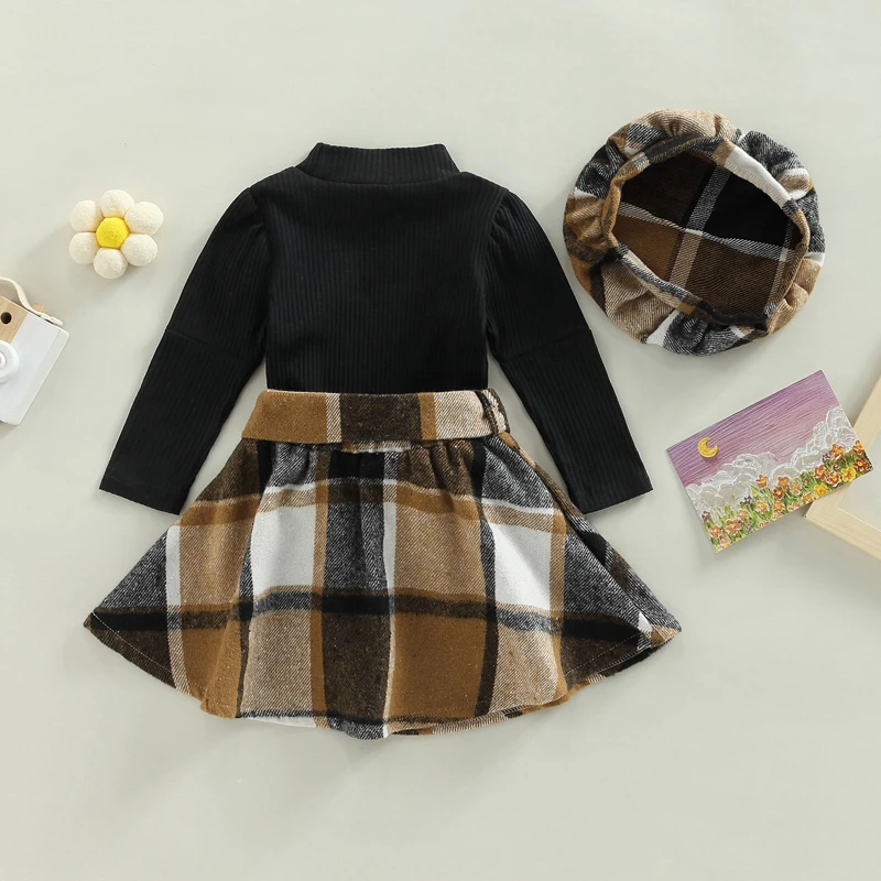 Adorable Toddler Girls 3-Piece Autumn Ensemble Mock Neck Top Plaid Skirt and Beret Hat - Perfect Fall Outfit