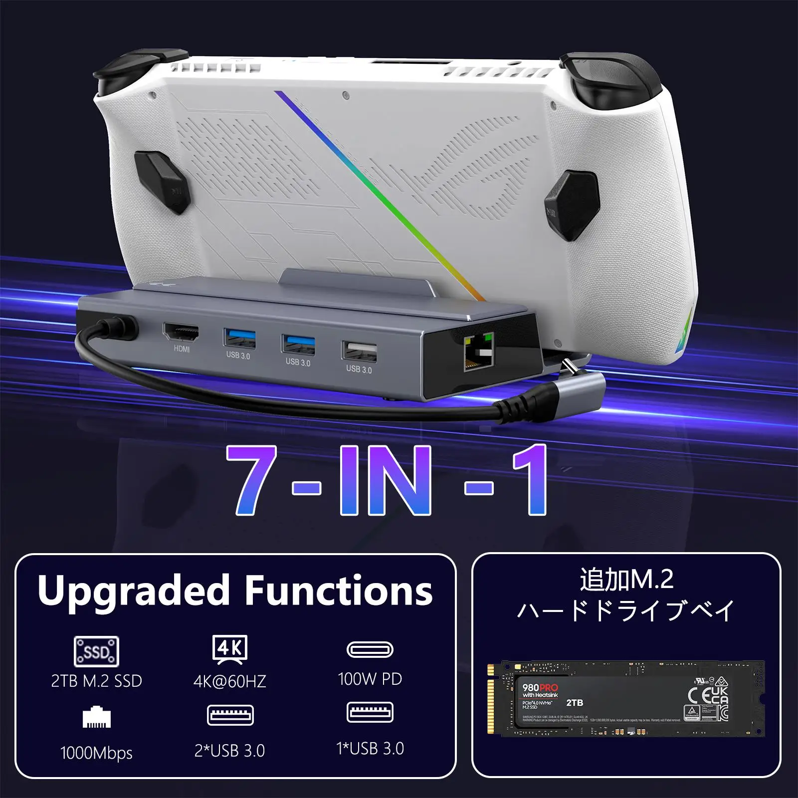 USB Type C 3.0 Hub Docking Station HDMI 4K 60Hz RJ45 Gigabit LAN 100W PD Rapid Charging M.2 SSD Bay for Game Console Switch Dock