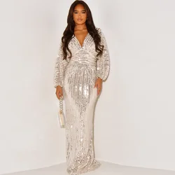 Women Dresses V Neck Pullover Solid Color Party Dress Sequined Vestidos Sexy Wrap Buttocks Slim Fit Sheath Floor Length