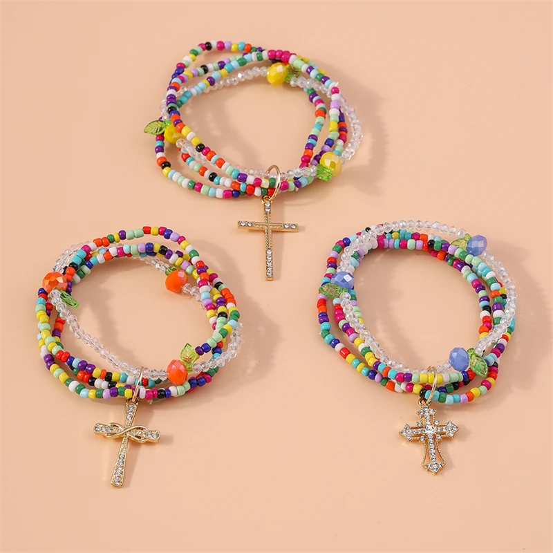 

3Pcs/Set Bohemain Handmade Colorful Beads Cross Charms Bracelets for Women Men Friendship Festival Jewelry Gifts