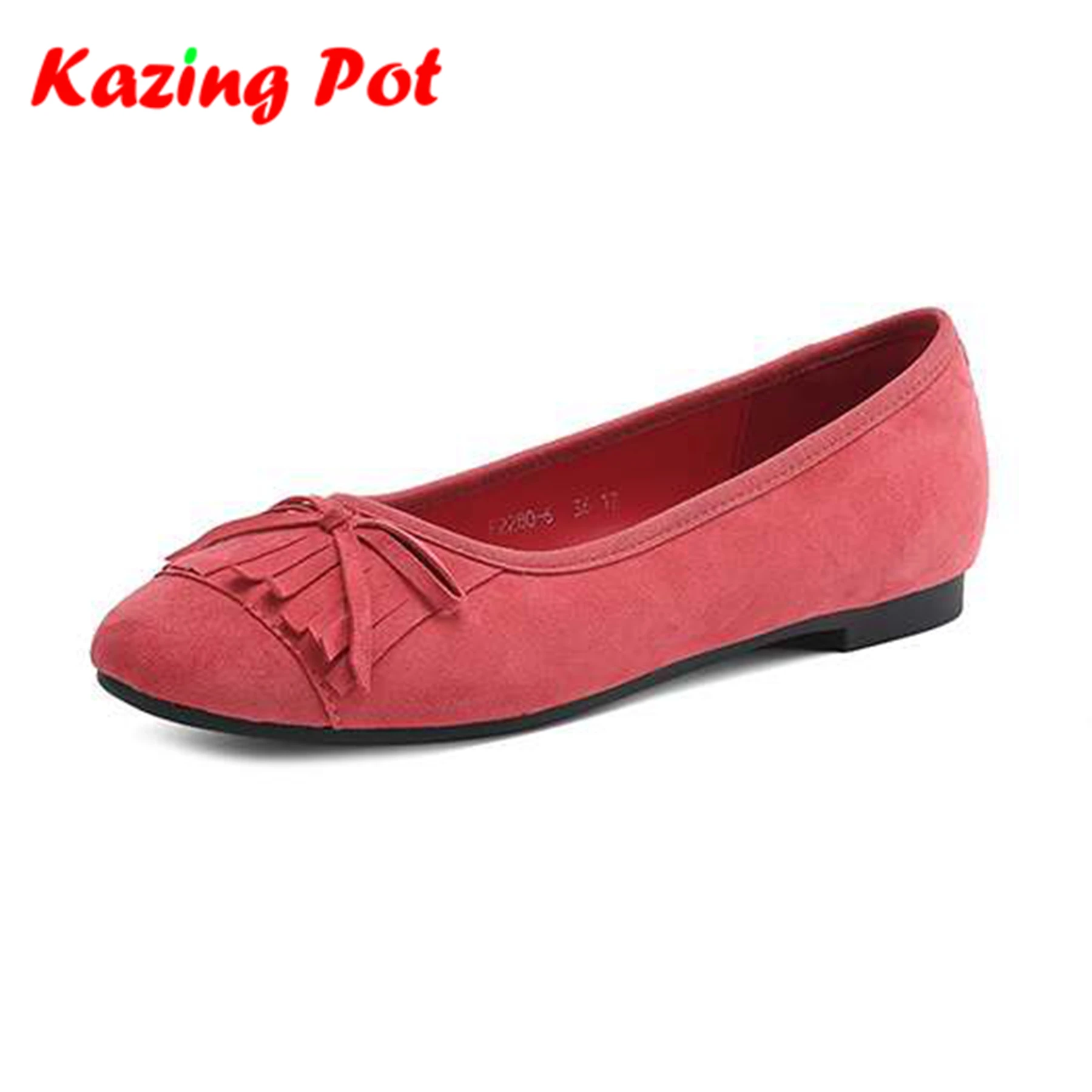 Krazing Pot Sheep Suede Round Toe Women Summer Modern Street Wear Ballet Dancer Shallow Butterfly-knot Tassel Fringe Ins Flats