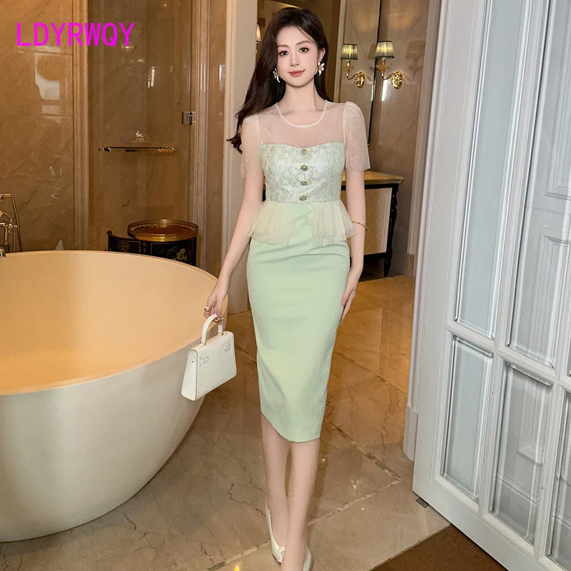 

2024 summer new style temperament design feeling ruffled edge waist bag buttocks fake two-piece dress