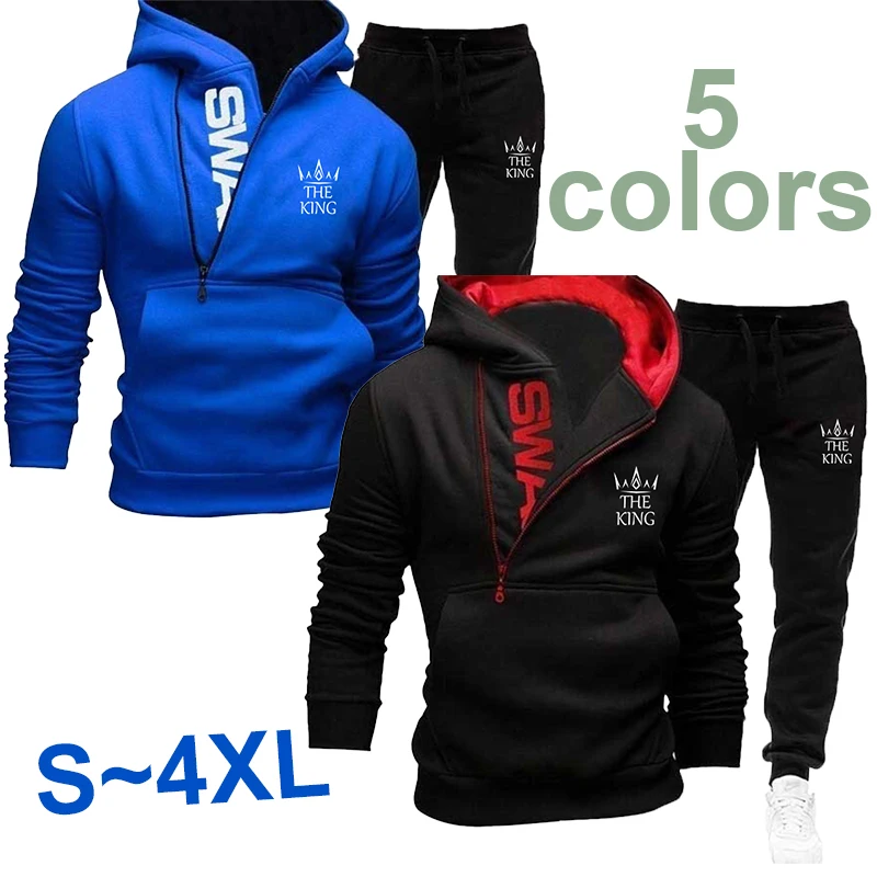 2023 Men's Hip Hop Style Letter Printing Oblique Zip Hooded Sweatshirt+Sweatpants Two Piece Set of 5 Colors