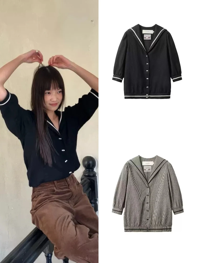 

Retro Sle Single-Button Casual irt Women's Loose Fit Mid-Sve Naval Collar Top Versatile Knitted Stripe Pattern