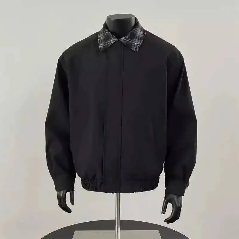 Chaqueta de hombre a la moda informal holgada con cuello corto a cuadros de estilo americano