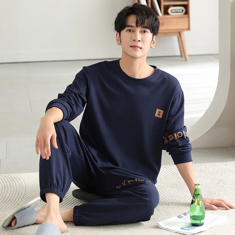 High Quality Pajamas Suit Men Autumn Winter 100% Pure  Cotton Pullover Sleepwear Male Spring Plus Size Loungewear Set Gentlemen