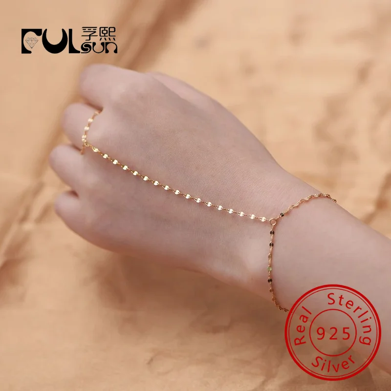 Jewelry 925 Sterling Silver Gold Plated Ultra Bright Ceramic Tile Sleeve Chain Minimalist Finger Bracelet Ring Bracelets