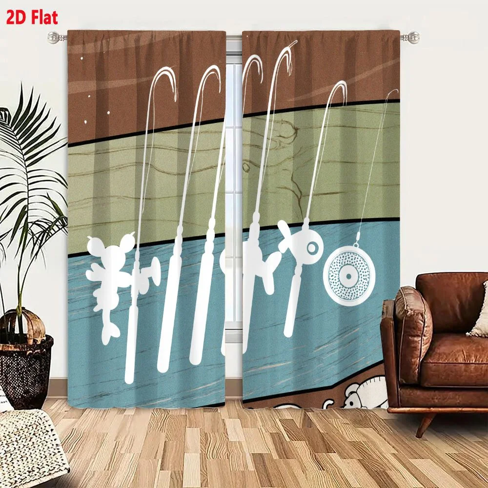 2Pcs Curtains 2D Flat Whimsical Fishing Rods Illustration With Silhouetted Hooks Decorative Handles Natural Outdoor Background 5