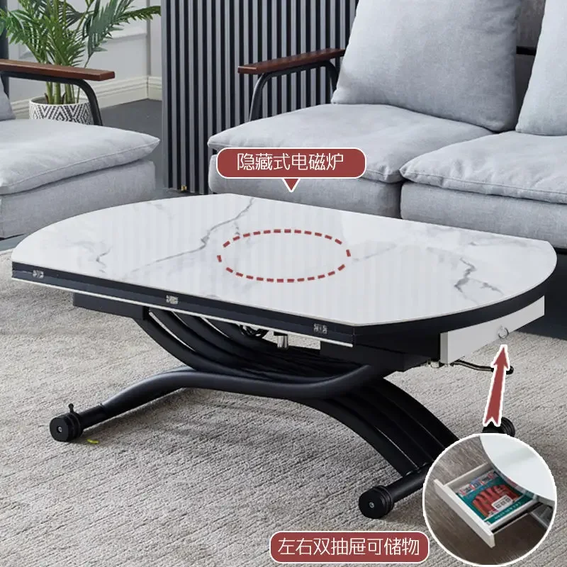 Multifunctional lift coffee  dining table, round household folding rock slab dining table
