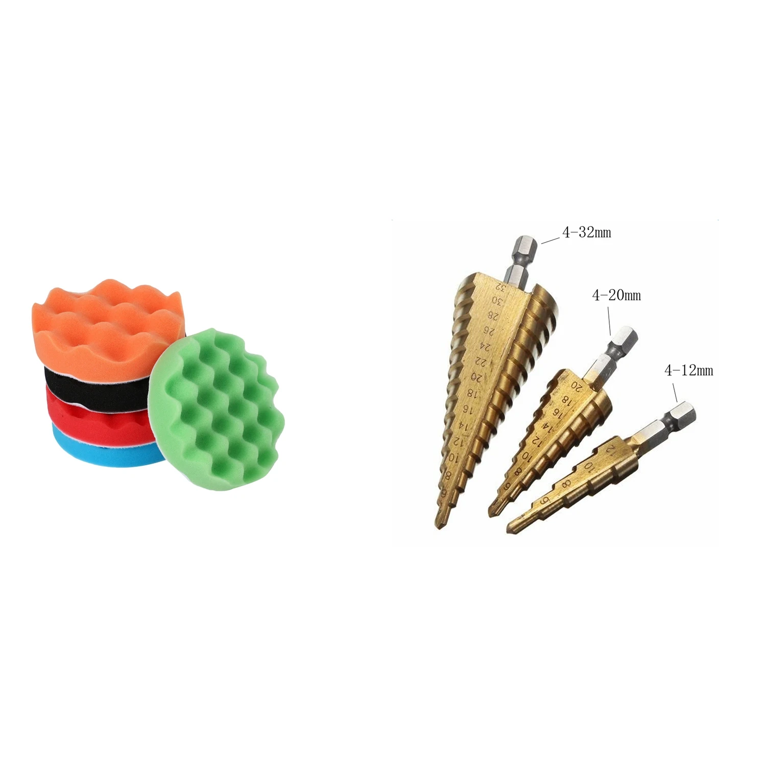 ABMO 8Pcs Car Sponge Polishing Pad Set 5 Inch Buffing Waxing Pad With 3Pcs Hss Step Cone Taper Drill Bit Set