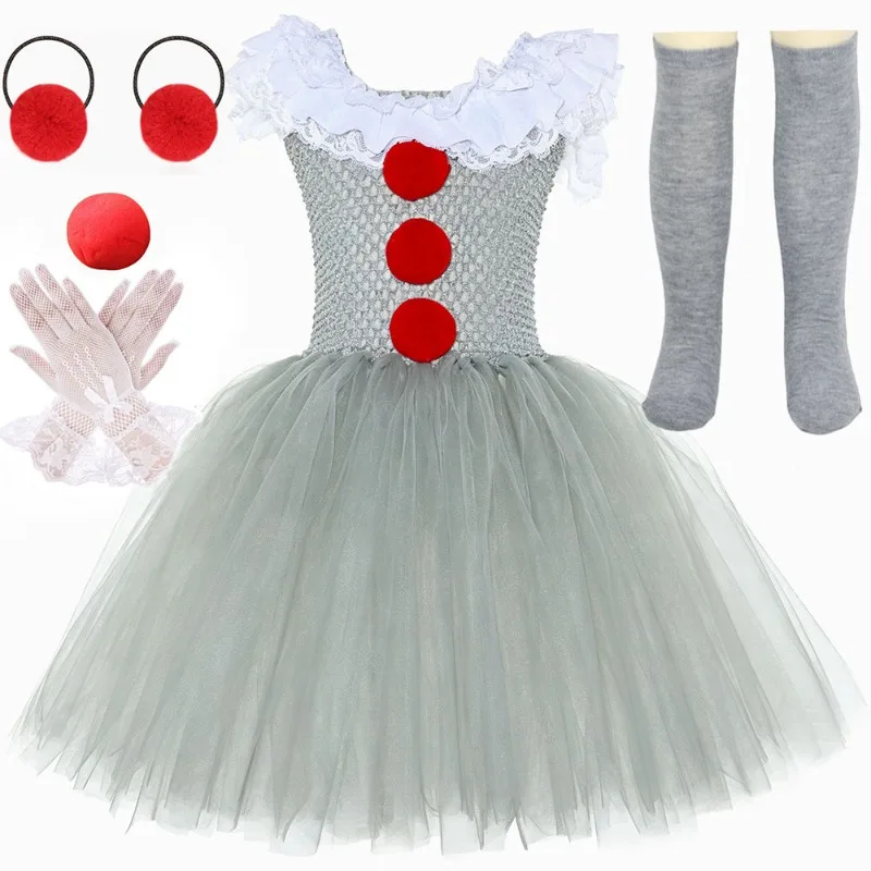 Girls Cartoon Clown Fluffy Dress Set, Kids Puffy Tulle Skirt Outfit, Ideal for Halloween, Carnival and Stage Party Performances