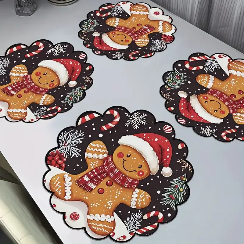 VIKAMA Dark Gingerbread Candy Cane Placemat Charcoal Canvas Petal Edge Cookie Santa Hat Scarf Crystal Xmas Table Mat Cozy Room