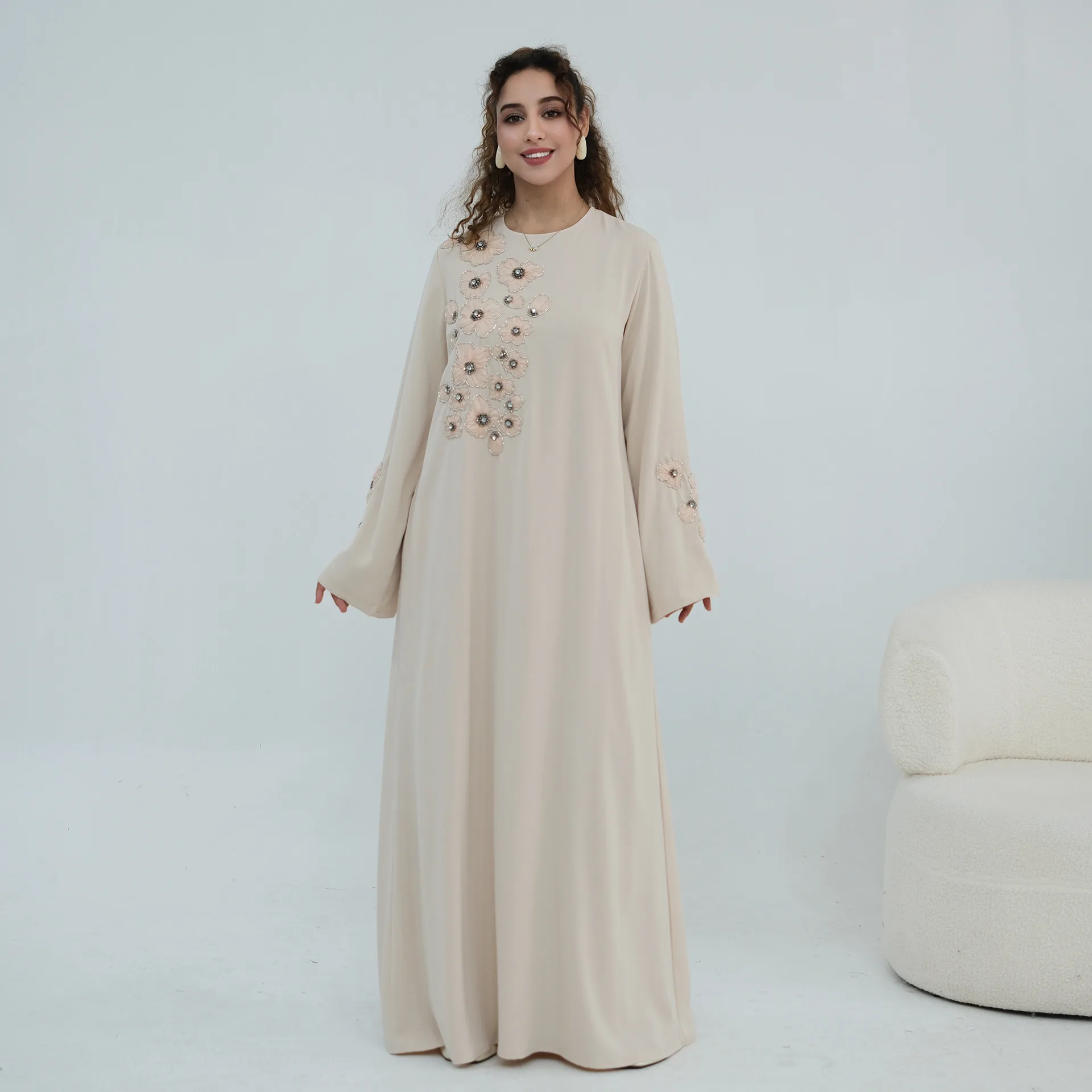 Eid Women Dress Abaya Beaded 3D Floral Muslim Party Dresses Jalabiya Long Robe Ramadan Morocco Dubai Kaftan Islam Vestidos