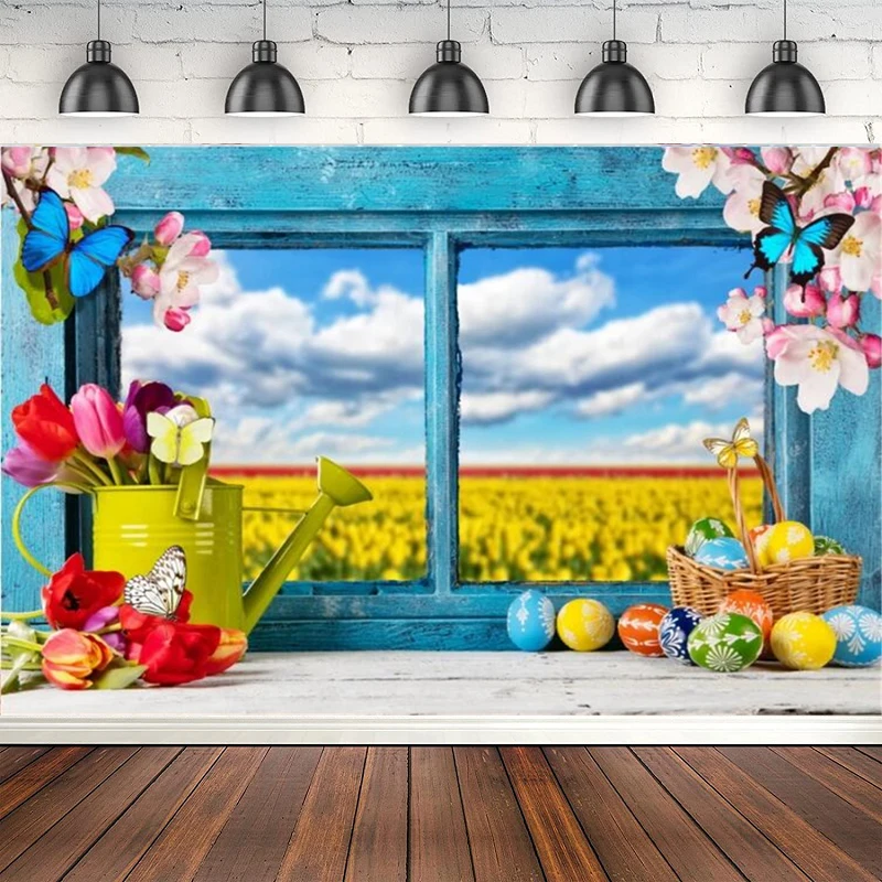 Fondo de fotografía feliz Pascua ventana azul madera granja flores huevos flores Fondo póster decoración bebé estudio fotográfico pancarta