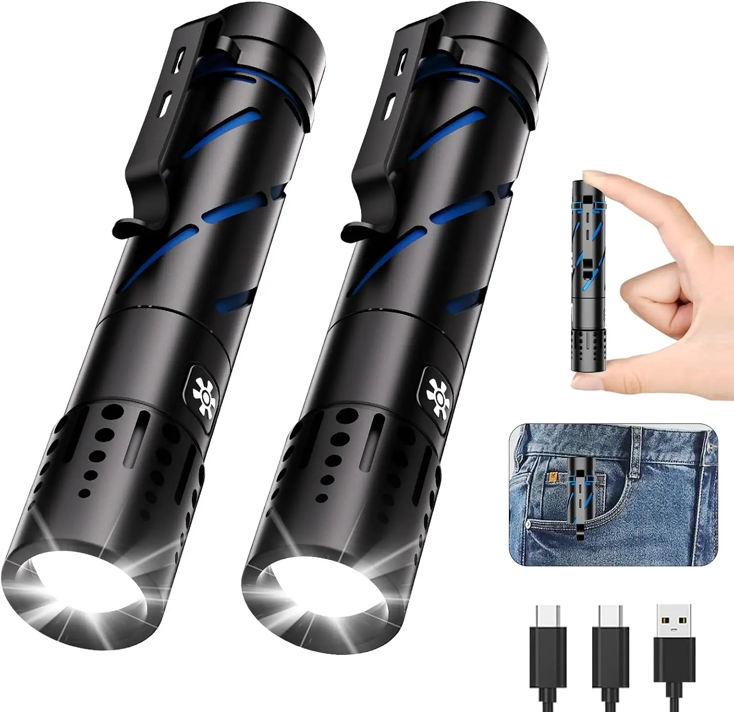 

NEW 2pcs Flashlight with 5 Modes Zoomable Adjustable Brightness High Lumens Powerful Handheld Flashlight for Outdoor Emergency