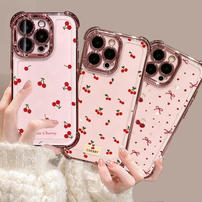 Cute Cherry Phone Case For Samsung Galaxy S22 S21 S20 Plus Ultra FE A14 A15 A16 A57 A37 A05 A06 A05S A54 A24 A25 Plating Cover