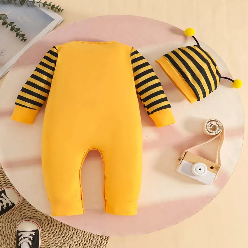 Cute Bee Baby Clothing 3 6 9Months Boy Girl Outfits Long-sleeved Striped Bee Pattern Bodysuit and Hat 2Pcs/Set for Spring Autumn