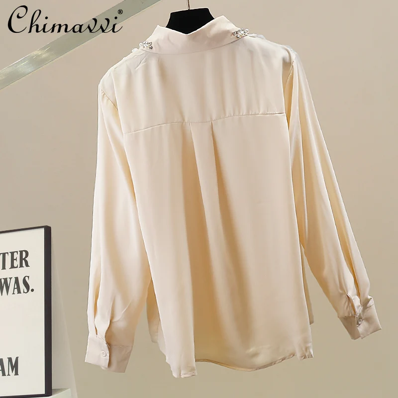 2025 Autumn Clothes New Korean Fashion Heavy Beaded Floral Patchwork Shirt Loose Elegant Long Sleeve Women's Blouse Tops