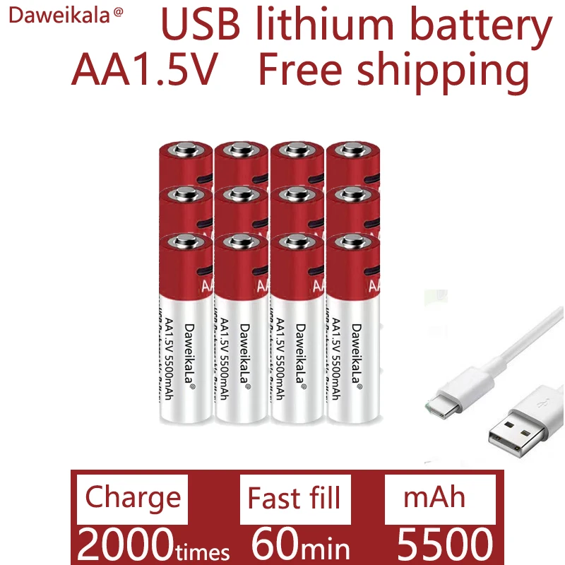 Daweikala New AA USB rechargeable Li ion battery 1.5V AA 5500mah / Li ion battery watch for toys MP3 player thermometer keyboard