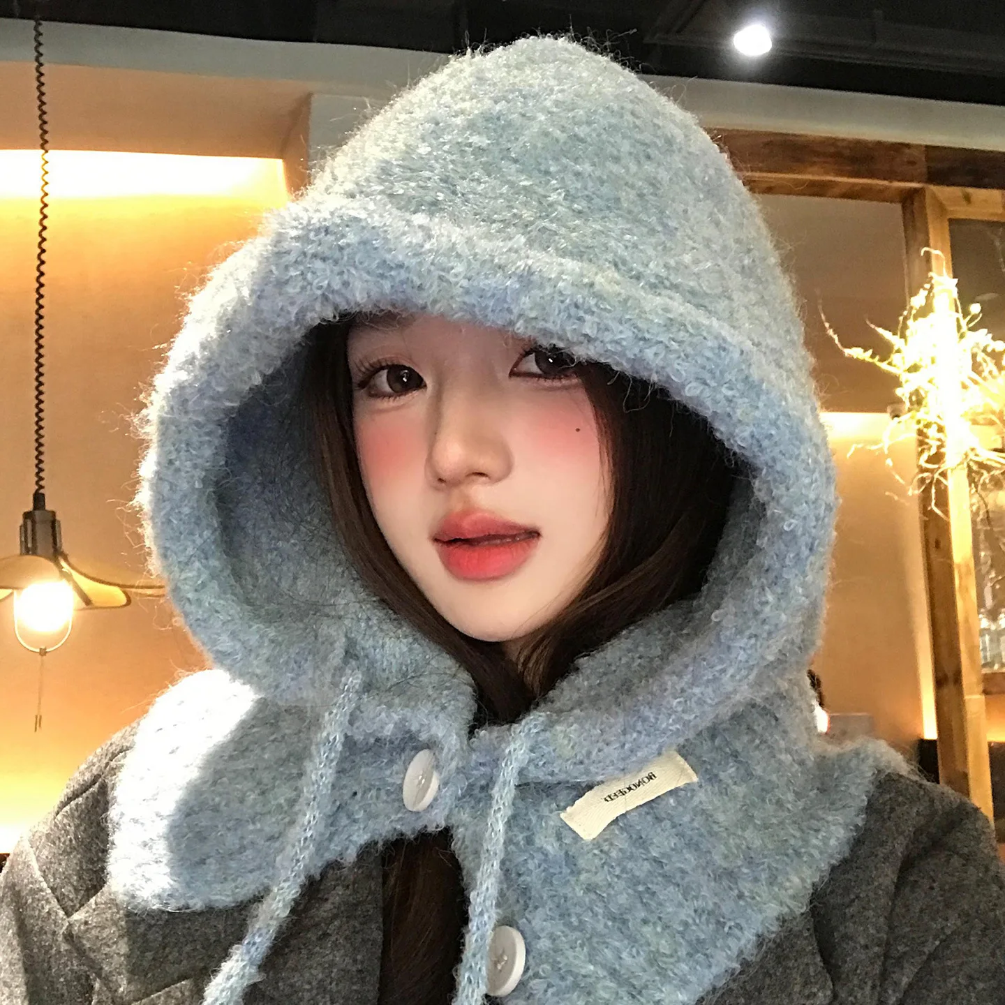 Korean Solid color Women Balaclava Plush Winter Warmer Knitted Pullover Hat Hat and Scarf Integrated Knitted Beanies Outdoor