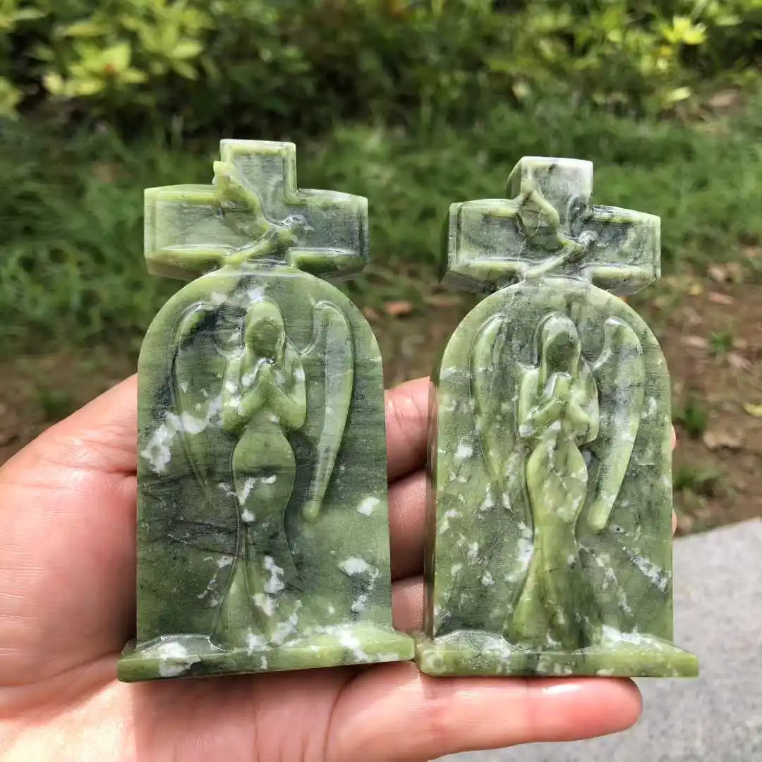 10CM Serpentine Quartz Natural Green Ophiolite Crystal Carved Tombstone Angel Skull Gravestone Halloween Series Decoration Items