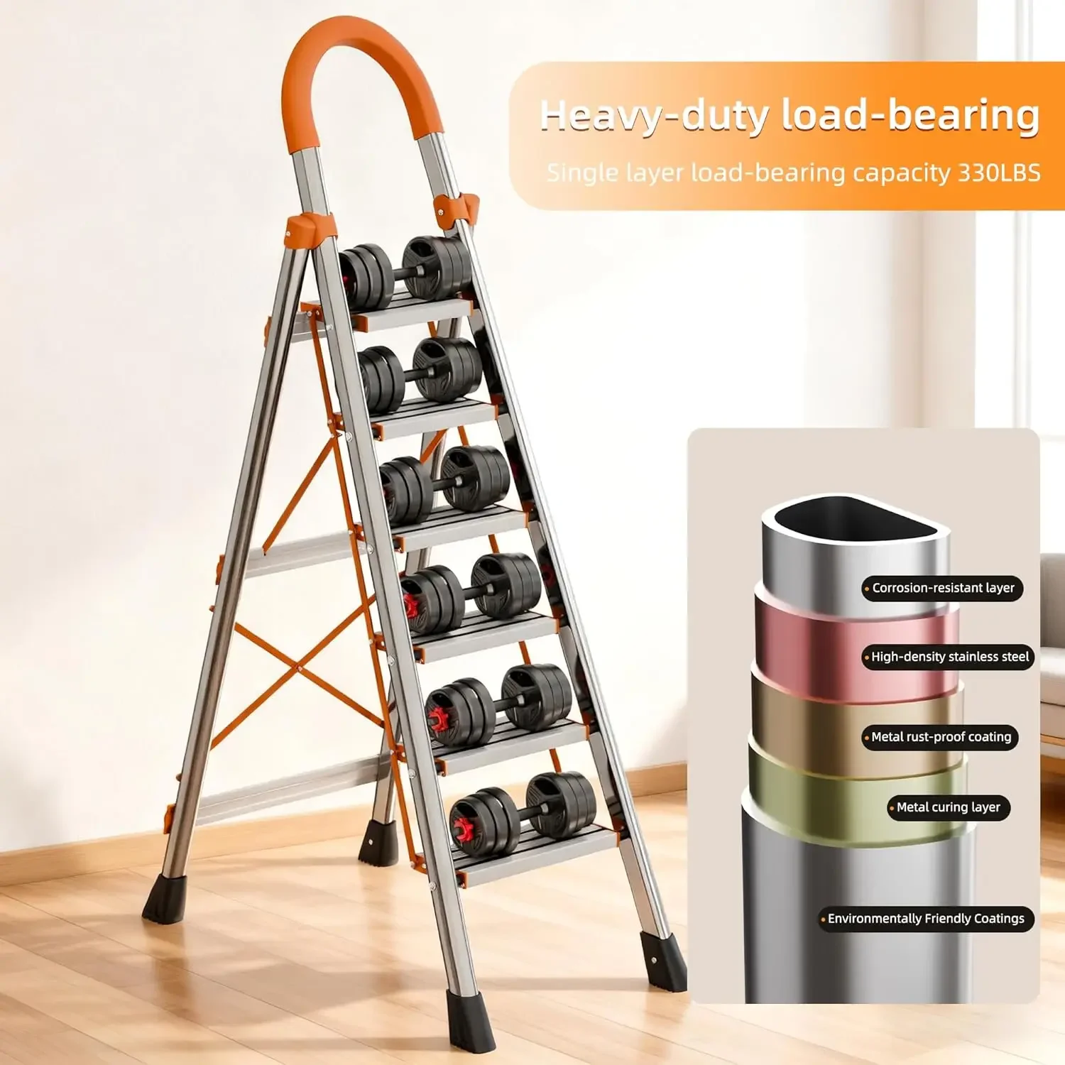 7 Step Folding Ladder, Portable Sturdy Steel Ladder, Heavy-Duty Step Stool with Anti-Slip Pedal and Handrails for Home