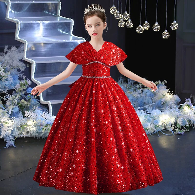 

Girls' dress 5-14 years old children's pearl piece lotus leaf sleeve princess dress carnival high-end host performance costume